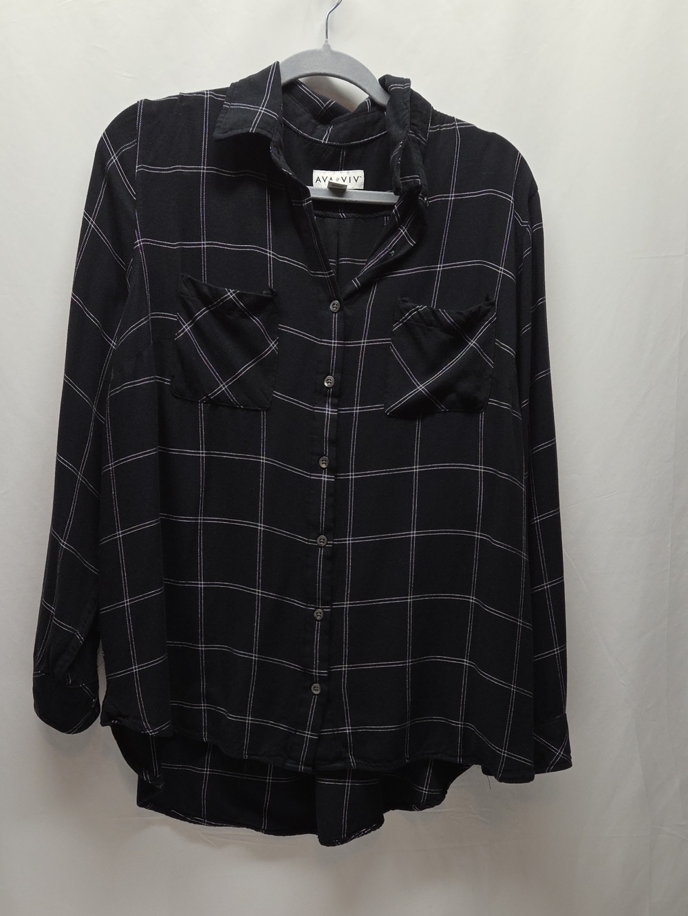 Ava & Viv Black Windowpane Plaid Button-Down Shirt Business Casual Flowy